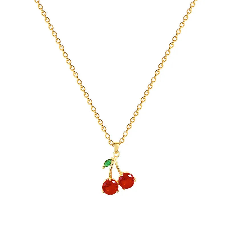 Cherry Pendant Necklace | Gold Stainless Steel Clavicle Chain Pendant Necklace Nixie