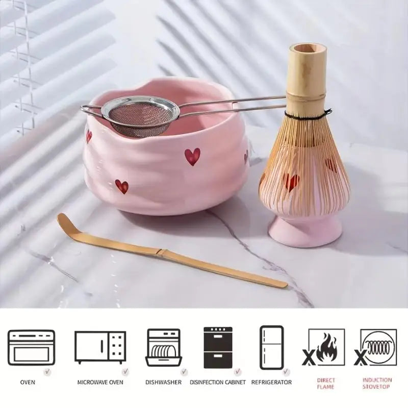 Heart Decal Ceramic Matcha Set – Bowl, Whisk & Bamboo Tools Matcha Tea Set Nixie