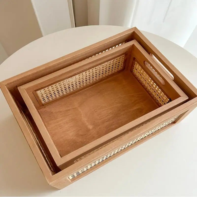 Retro Wood & Bamboo Rattan Storage Basket Desk Organizer Rattan Storage Basket Nixie