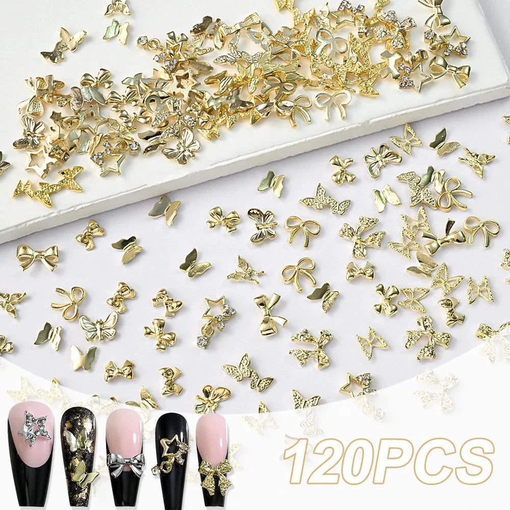 120pcs 3D Gold Bow Butterfly Metal Nail Charms | Nail Art Jewelry Nail Art Charms Nixie