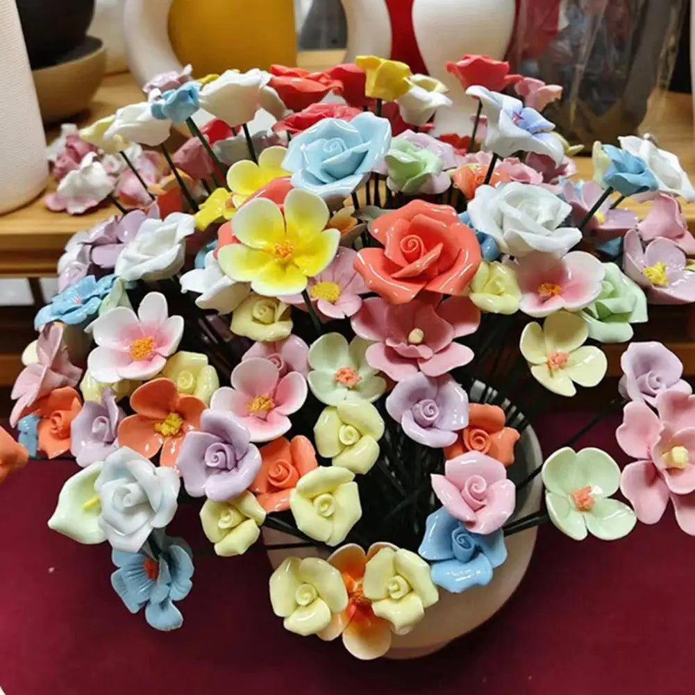 Handmade Ceramic Artificial Rose Flower with Stem | Vase Decor