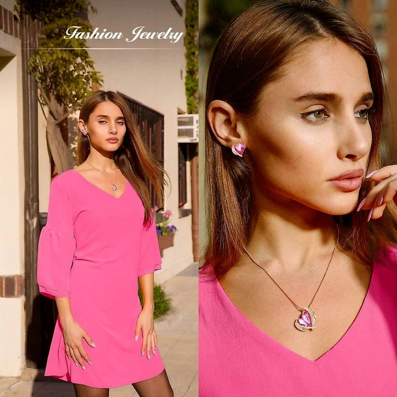Rose Gold Heart Crystal Necklace & Earrings Set | Gift Jewelry Crystal Jewelry Set Nixie