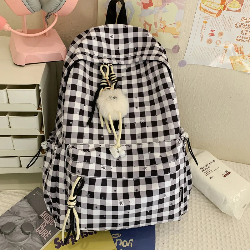 Korean Plaid Backpack – Cute Star Design, Lightweight School Bag Fashion Backpack Nixie