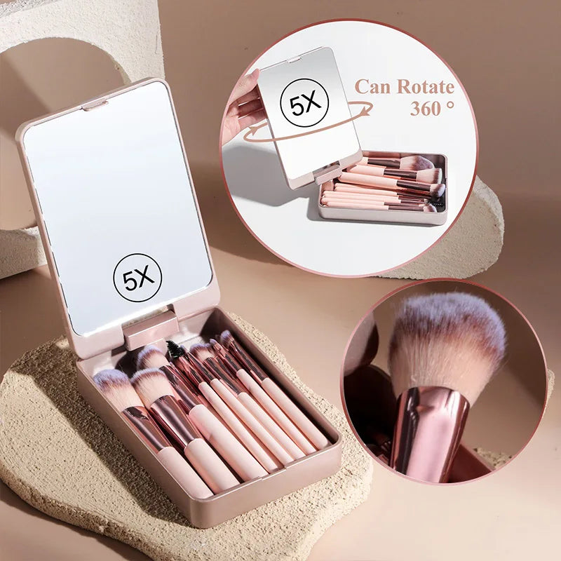 Travel Makeup Brush Set with Illuminated Folding Mirror & Sponges