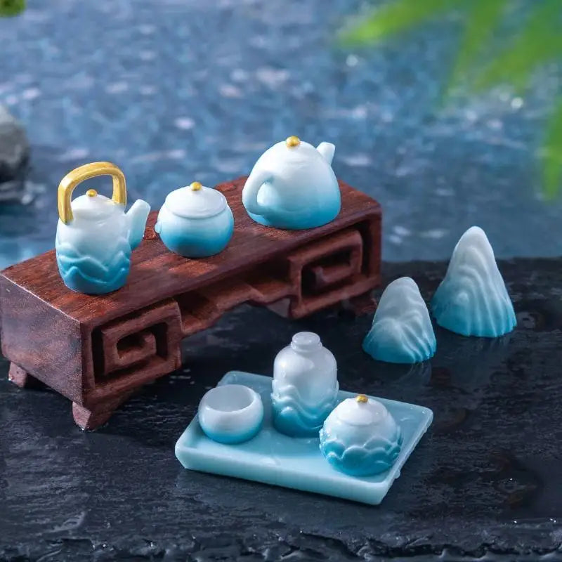 9Pcs Chinese Resin Micro Landscape Tea Set & Mountain Figurines Micro Landscape Figurine Nixie Default Title
