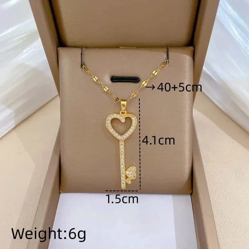 Heart & Key Gold Pendant Necklace – Zircon Collarbone Chain Pendant Necklace Nixie XL2606-580