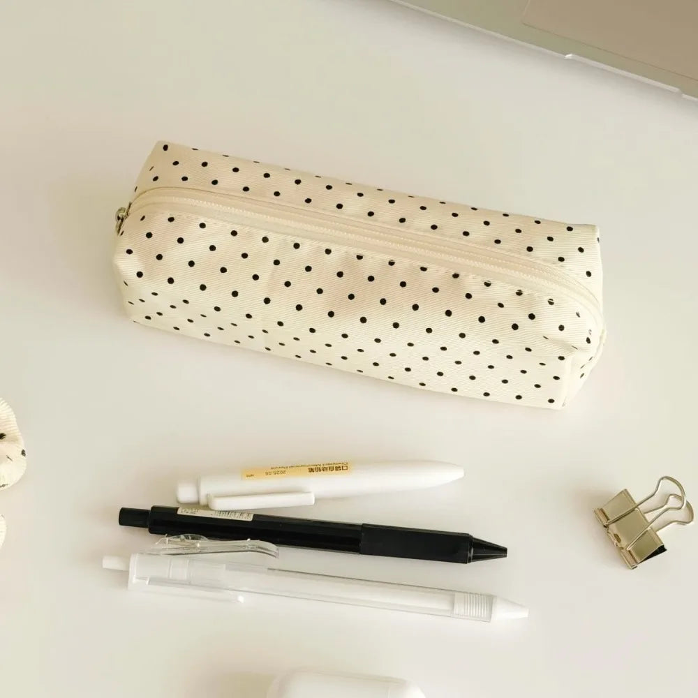 Polka Dot Canvas Pencil Pouch – Large Capacity Pen Bag Pencil Pouch Nixie Beige
