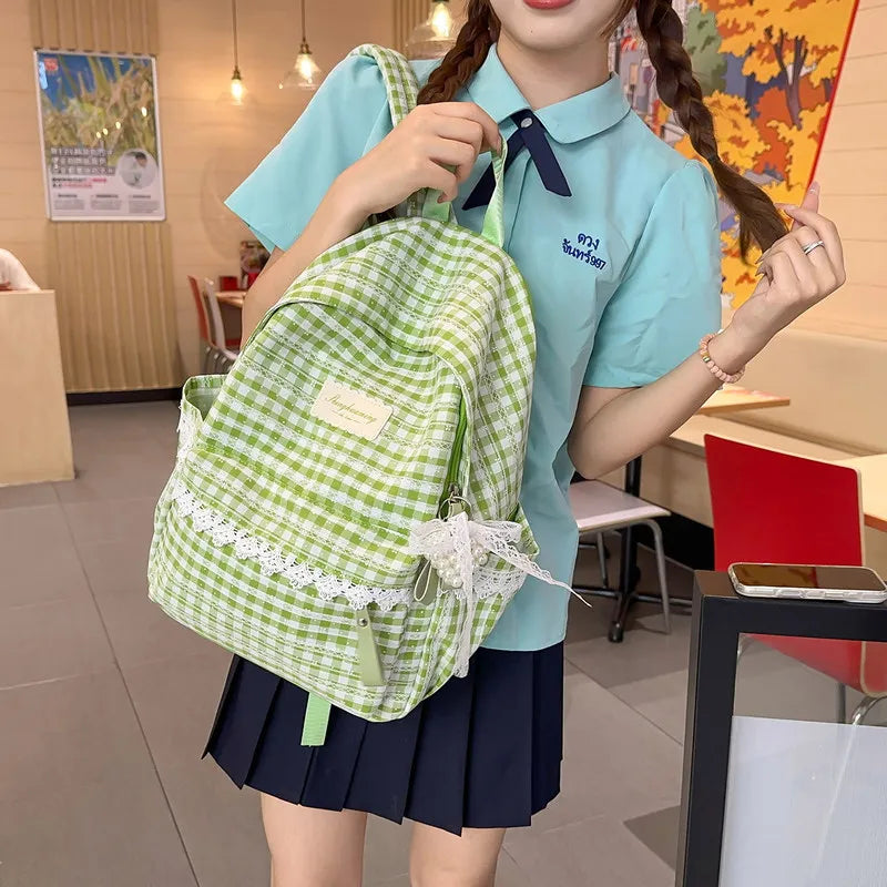 Korean Plaid Checkered Backpack – Large Capacity College Bag Checkered Backpack Nixie