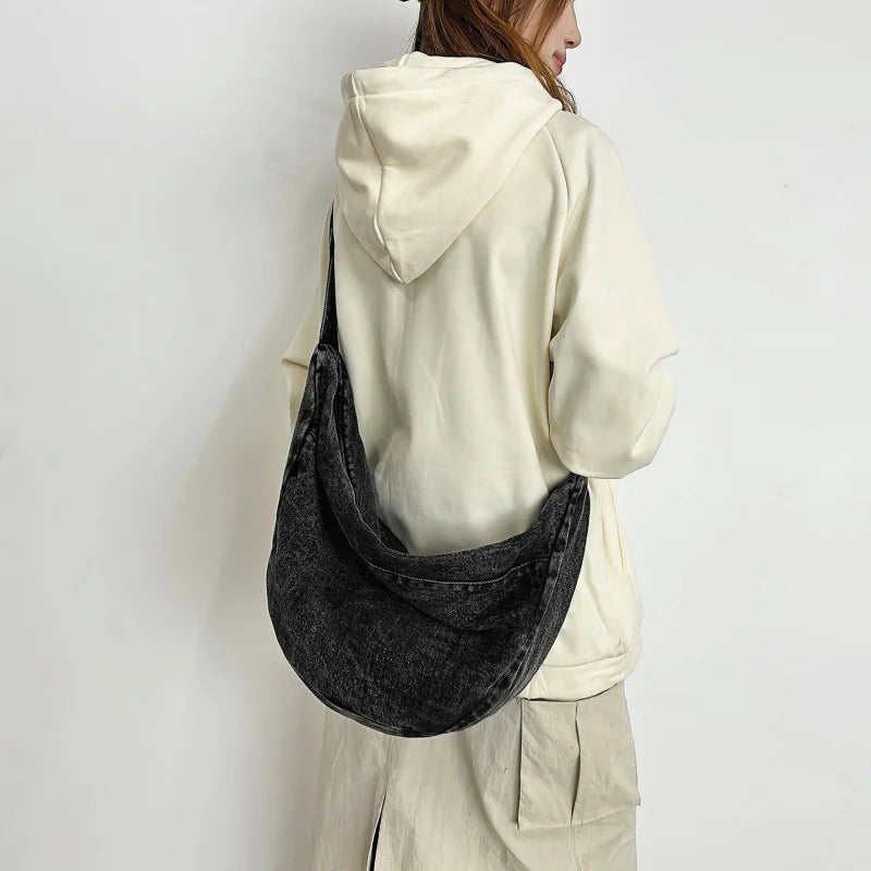 Washed Denim Crossbody Bag – Large Capacity Shoulder Bag Denim Crossbody Bag Nixie