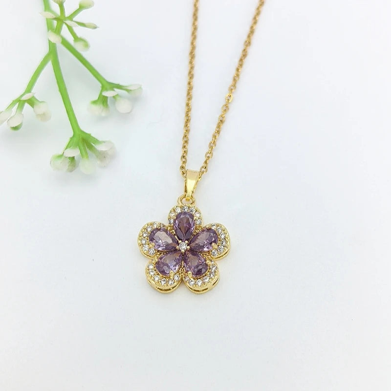 Colorful Flower Pendant Necklace | Stainless Steel Collarbone Chain Pendant Necklace Nixie XL2606-547