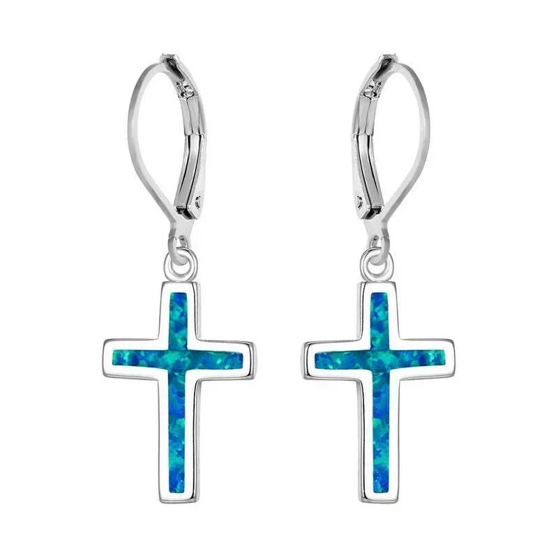 Blue Simulated Opal Cross Dangle Earrings | Silver-Plated Dangle Earrings Nixie