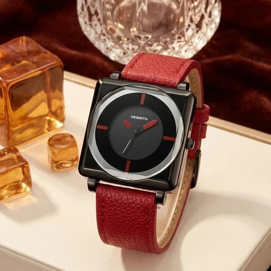REBIRTH Women's Retro Square Quartz Watch – Leather Strap Women's Quartz Watch Nixie