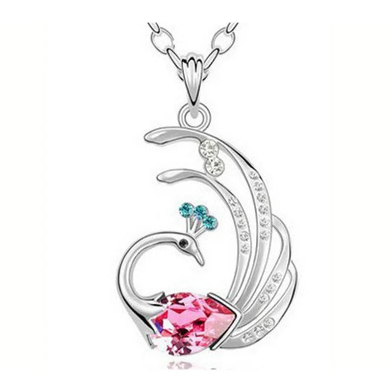 Peacock Pendant Necklace – Pink Turquoise Crystal Rhinestone Pendant Necklace Nixie
