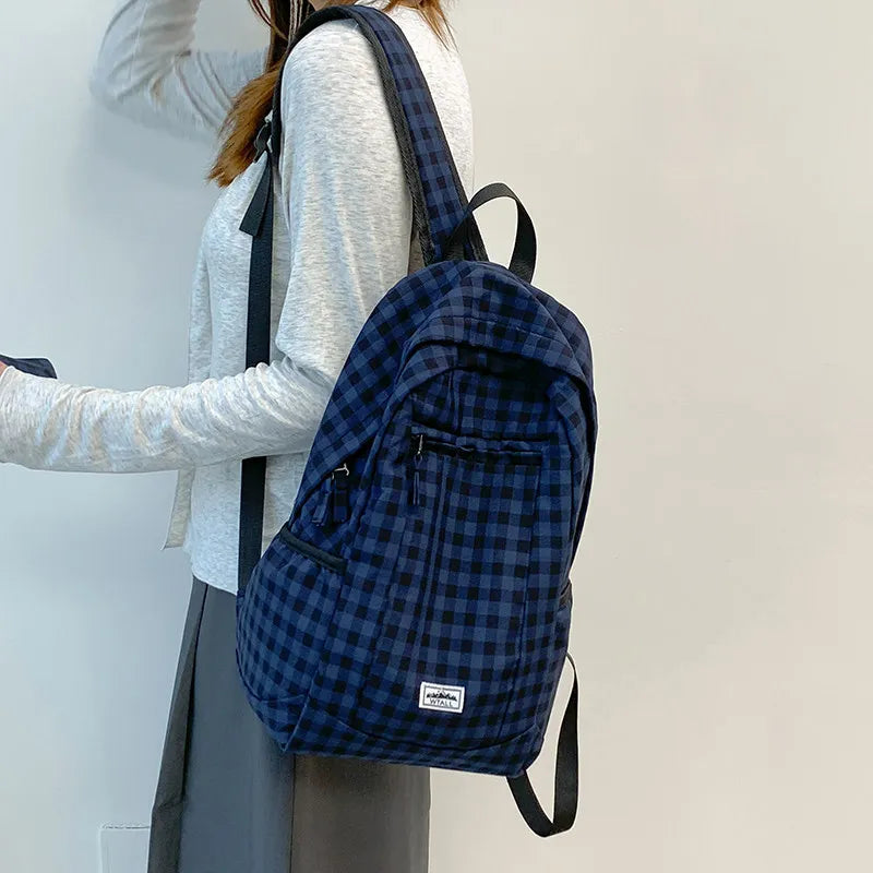 Korean Plaid Canvas Backpack – Large Capacity College Bag Canvas Backpack Nixie
