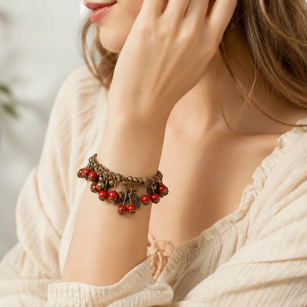Ceramic Cherry Beaded Bracelet – Boho Braided Tassel Charm Beaded Charm Bracelet Nixie