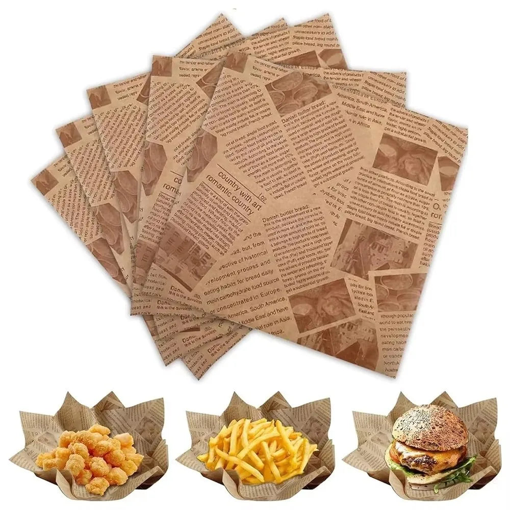 100Pcs Newspaper-Style Greaseproof Food Wrapping Paper Burger