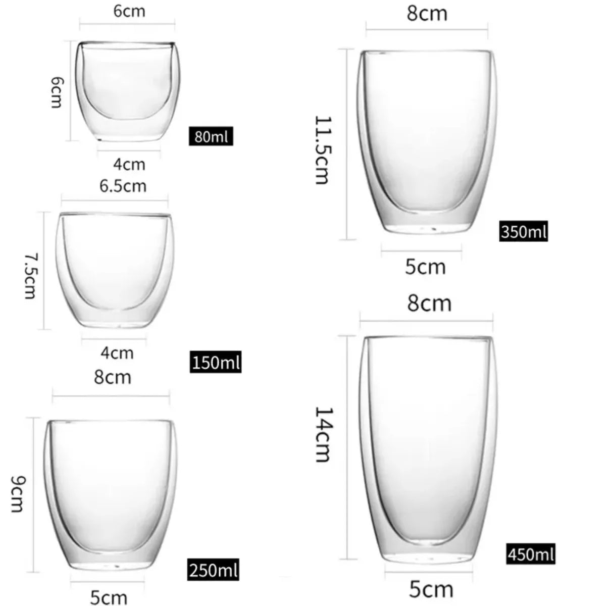 6-Pack Double Wall Glass Cups | 5 Sizes Insulated Mugs Set Insulated Glass Mugs Nixie