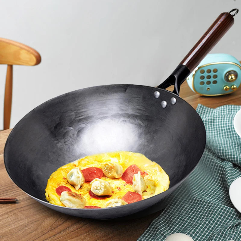 FEB.WIND Hand Forged Iron Wok – Non-Coating, Wooden Handle Iron Cooking Wok Nixie