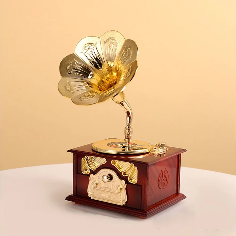 Retro Clockwork Gramophone Music Box – Vintage Phonograph Figurine Decorative Music Box Nixie
