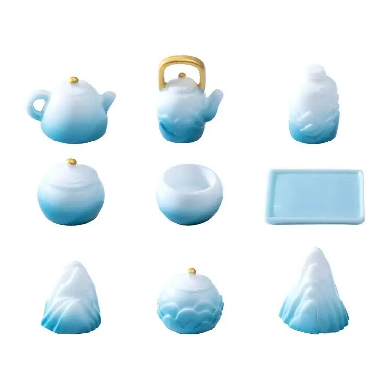 9Pcs Chinese Resin Micro Landscape Tea Set & Mountain Figurines Micro Landscape Figurine Nixie
