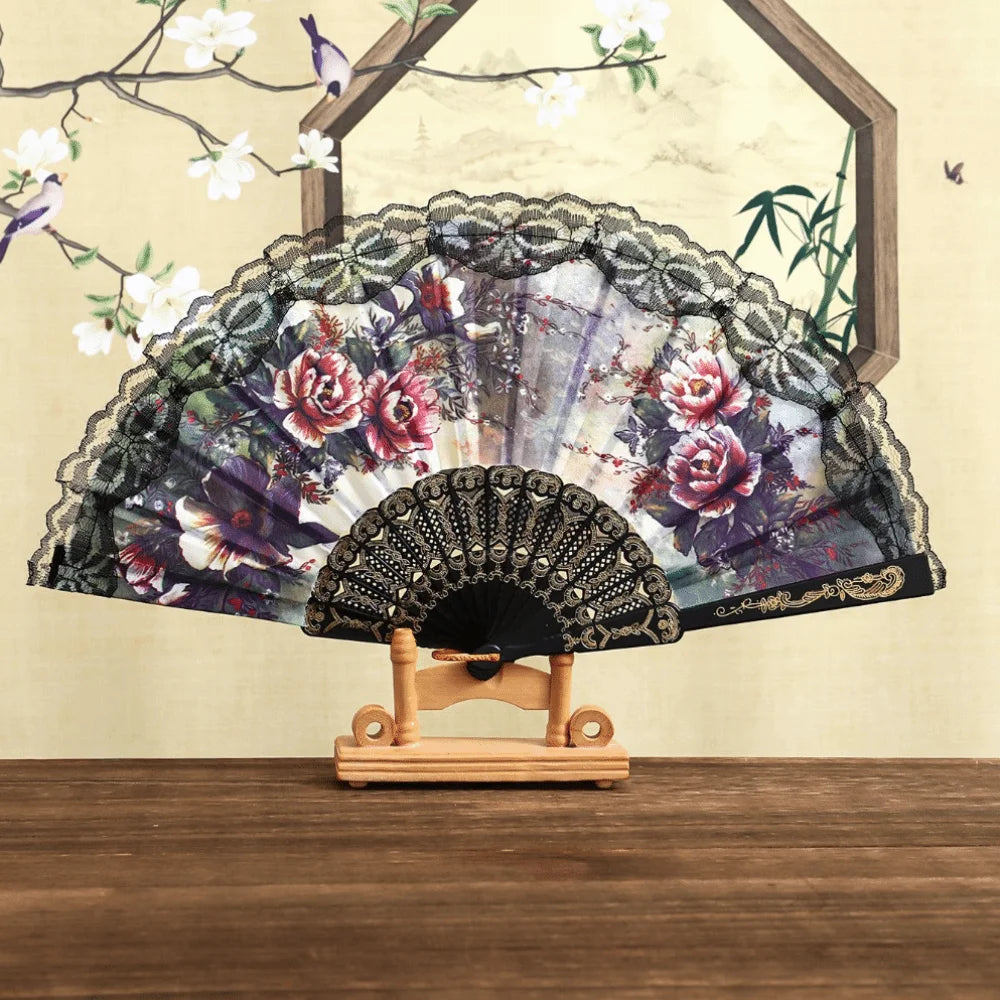 Spanish Folding Fan Black Floral Lace Dance Prop & Gift