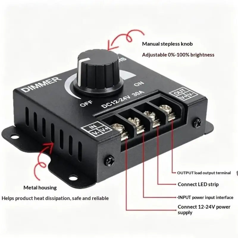 DC 12V 24V 30A PWM LED Dimmer Controller Rotary Knob