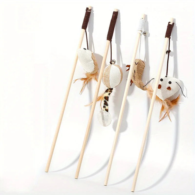 Wooden Mouse Wand Cat Toy – Interactive Pet Teaser Rod Cat Wand Toy Nixie