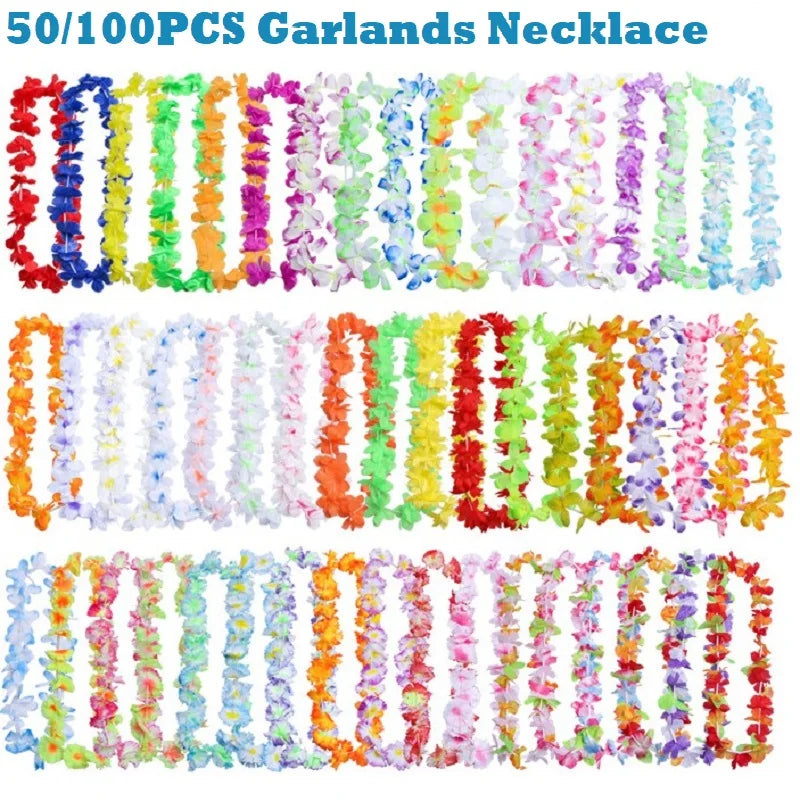 50/100Pcs Hawaiian Flower Lei Necklaces – Luau Party Supplies Party Lei Necklaces Nixie