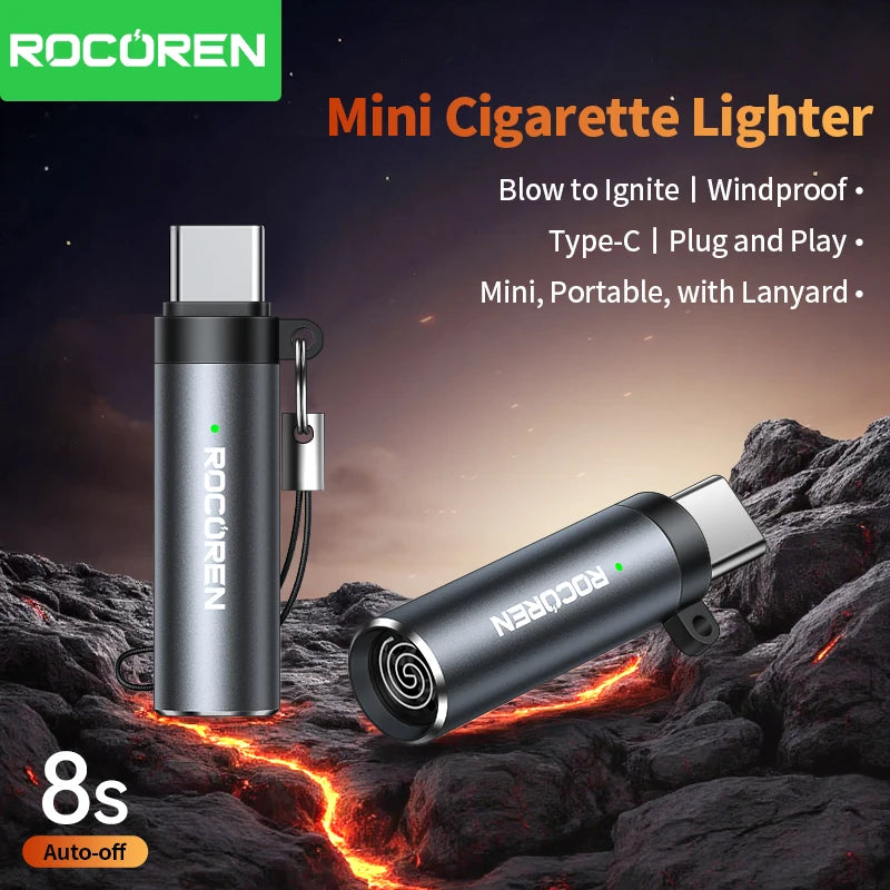 Rocoren USB-C Flameless Mini Lighter – Tungsten Blow-to-Ignite