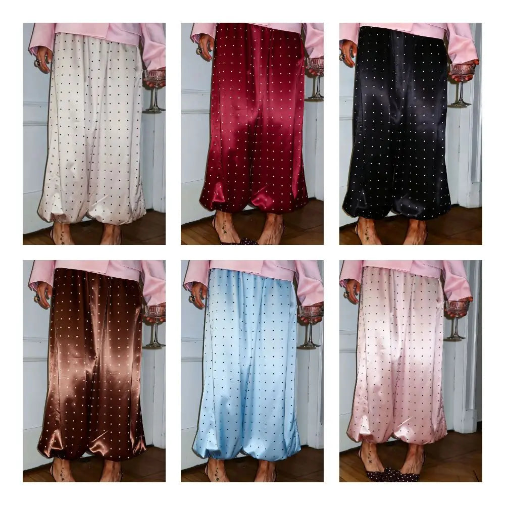 Women's Satin Polka Dot Wide Leg Pants – Elastic Waist Wide Leg Trousers Nixie