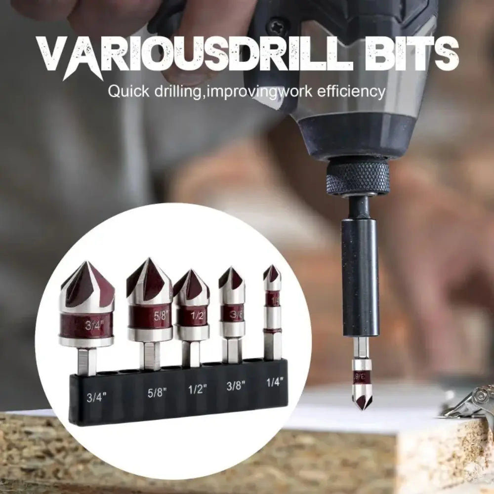 5-Piece Countersink Drill Bit Set | 1/4"–3/4" Hex Shank Countersink Drill Bits Nixie