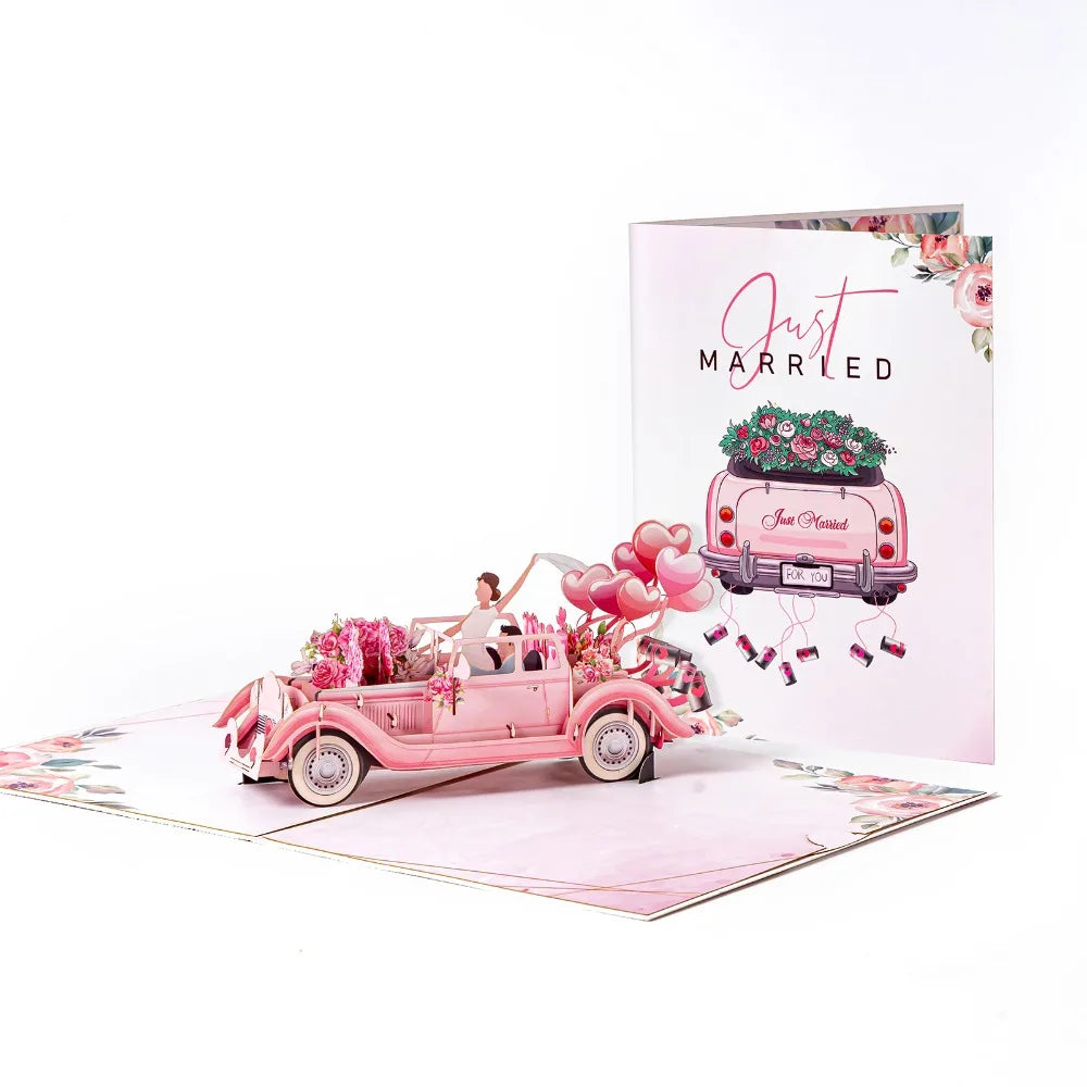 3D Pop-Up Wedding Card – Floral Watercolor Just Married Pop-Up Greeting Card Nixie Pink