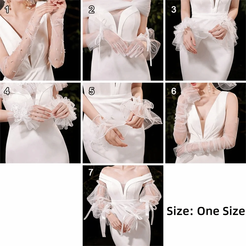 Elegant White Lace Bridal Gloves with Pearls & Ruffles Bridal Gloves Nixie