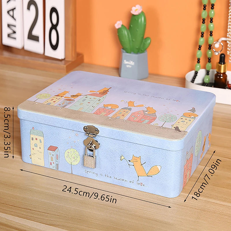 Vintage Tinplate Storage Box with Lock & Keys – Large Capacity