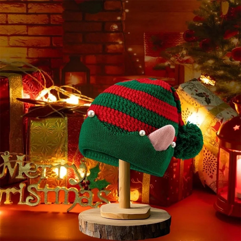 Striped Knitted Christmas Hat with Ears & Pom-Pom | Elf Santa Cap