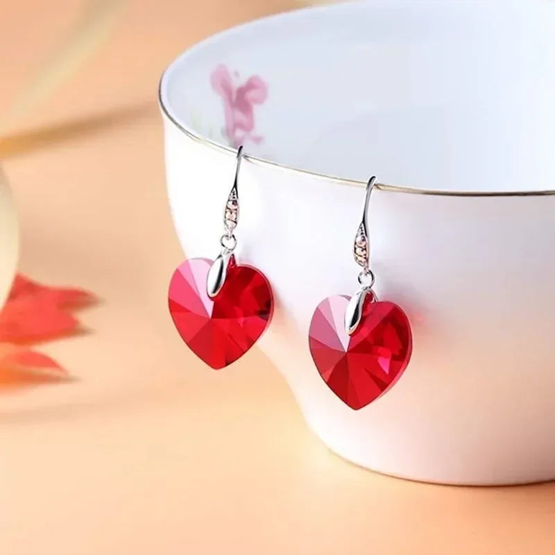 Red Crystal Heart Drop Earrings – Zinc Alloy Fashion Jewelry