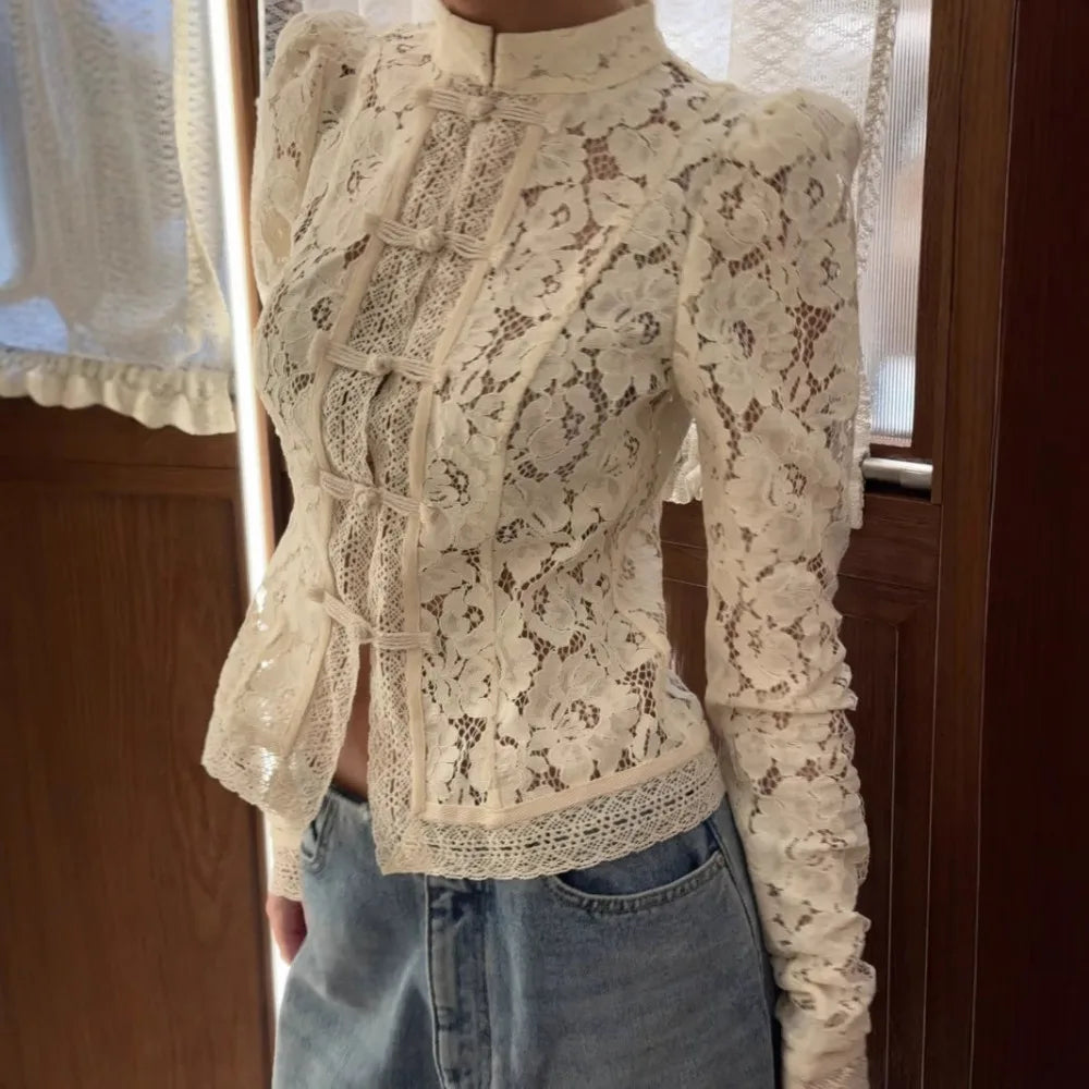 Chinese Style Embroidered Hollow Out Cotton Blouse | Full Sleeve