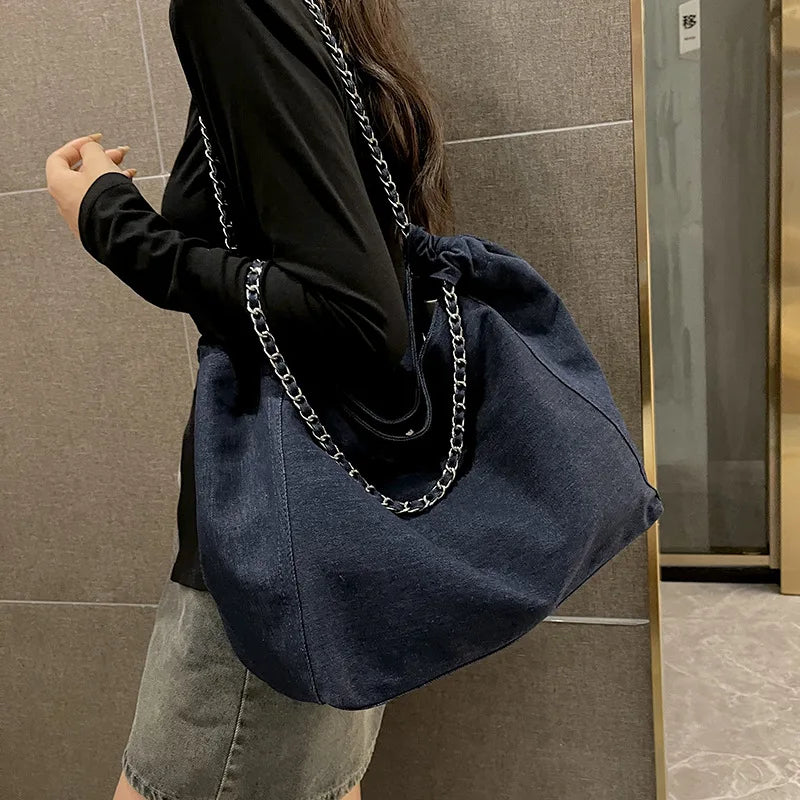 Women's Large-Capacity Denim Chain Shoulder Tote Bag Denim Shoulder Bag Nixie