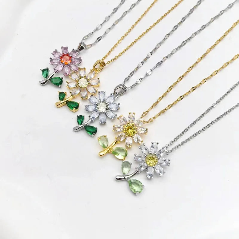 Copper Flower Pendant Necklace | Rhinestone Collarbone Chain Pendant Necklace Nixie