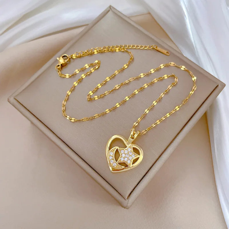 Heart Moon Star Pendant Necklace | Gold Stainless Steel Choker Pendant Necklace Nixie