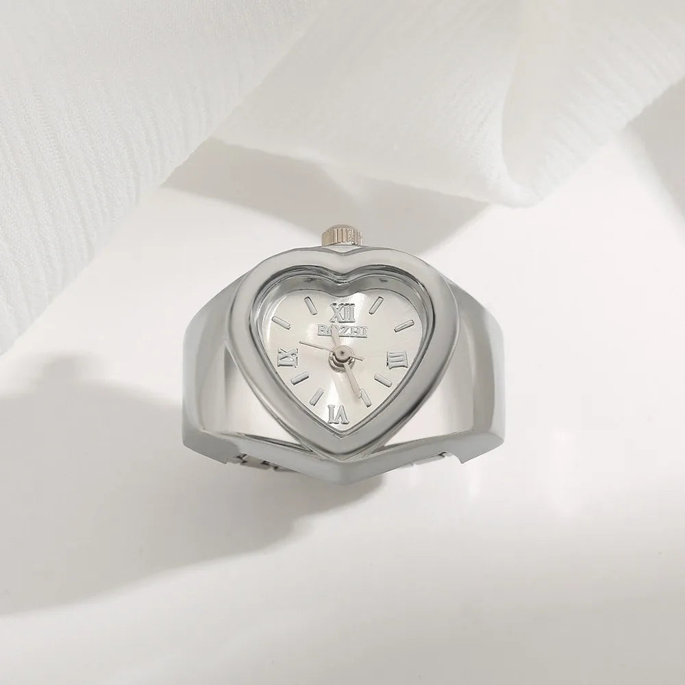 Retro Heart Shape Ring Watch – Stainless Steel Quartz Clock Ring Watch Nixie Silver White