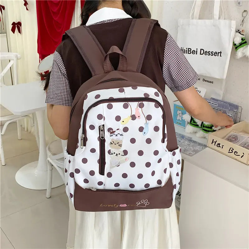 Cartoon Kitten Backpack – Korean Polka-Dot Lightweight Canvas Canvas Backpack Nixie Coffee