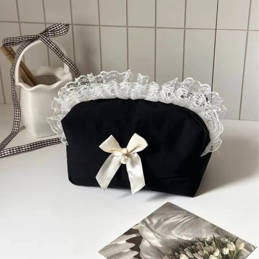 Lace Trim Makeup Bag Large Capacity Butterfly Knot Cosmetic Case Makeup Bag Nixie