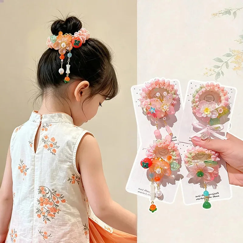 Girls Hanfu Floral Hair Tie with Pearls & Beads | Elastic Bun Rope Girls Hair Accessory Nixie