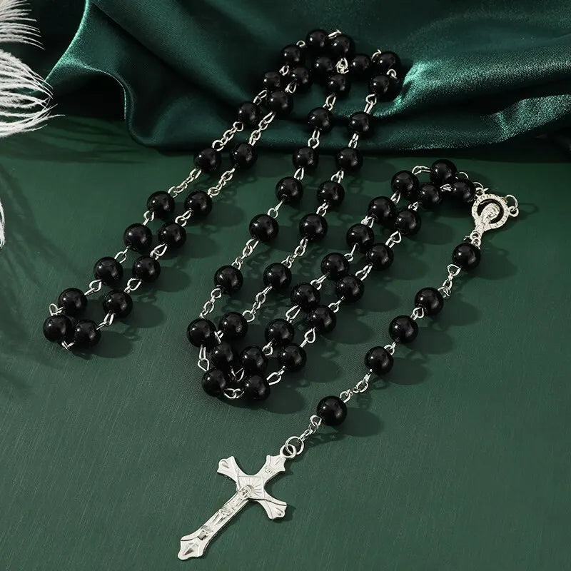 Handmade Vintage Pearl Rosary Beads Necklace with Cross Pendant Fashion Necklace Nixie