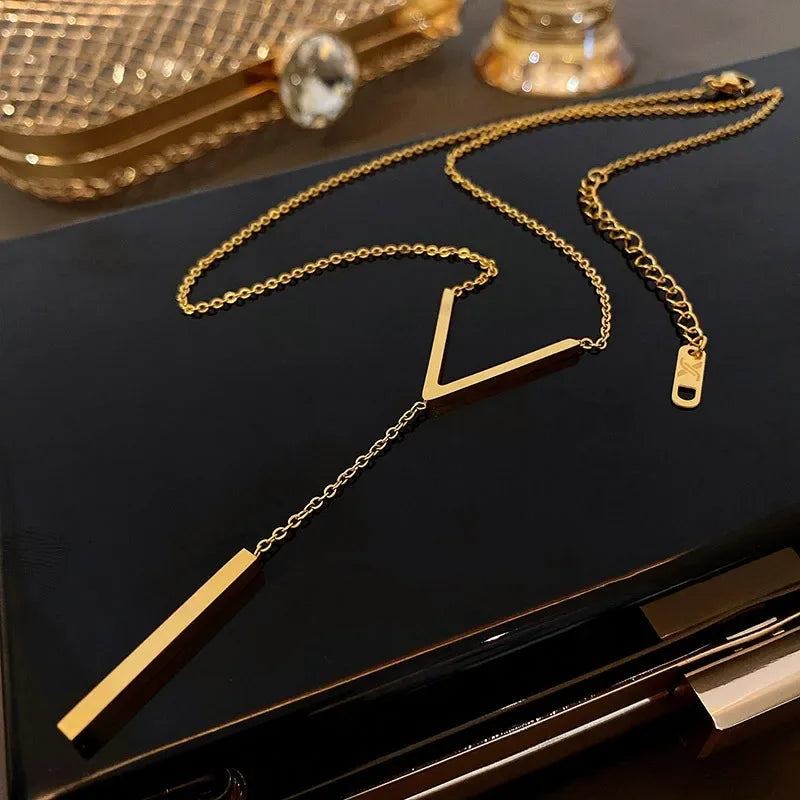 Gold Stainless Steel V-Shape Tassel Bar Collarbone Necklace Fashion Necklace Nixie XL0752