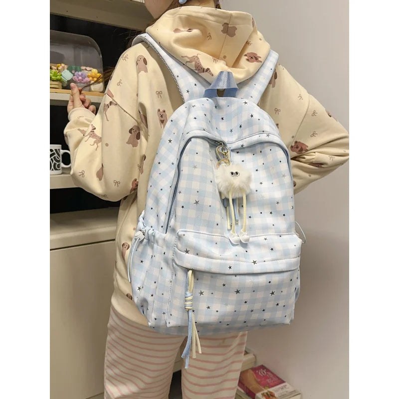 Korean Plaid Backpack – Cute Star Design, Lightweight School Bag Fashion Backpack Nixie