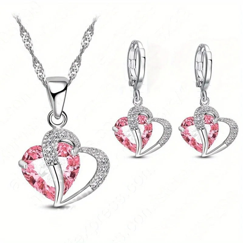 Heart Crystal Zirconia Necklace & Earring Set | 3-Piece Jewelry Crystal Jewelry Set Nixie