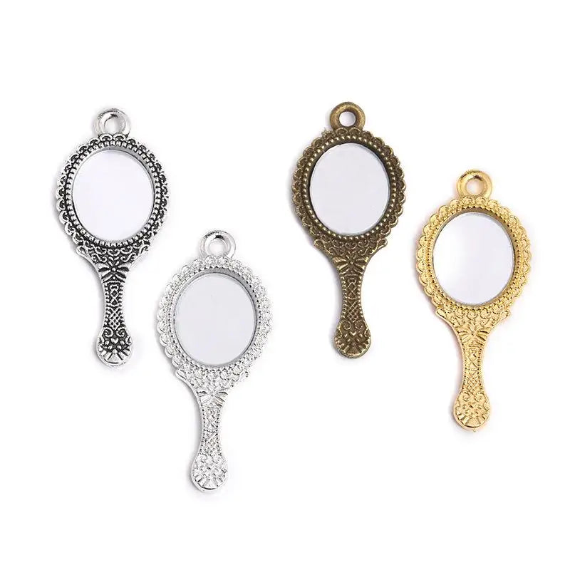 10PCS Antique Engraved Mini Mirror Charms – Retro Alloy Pendants