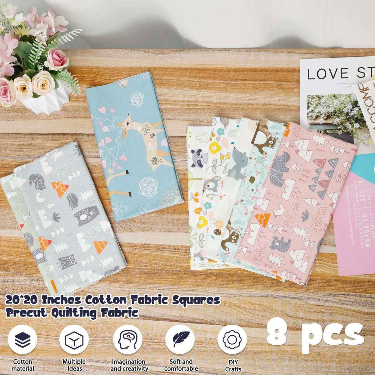 Printed Cotton Quilting Fabric Set – 8 Pre-Cut 50×50cm Squares